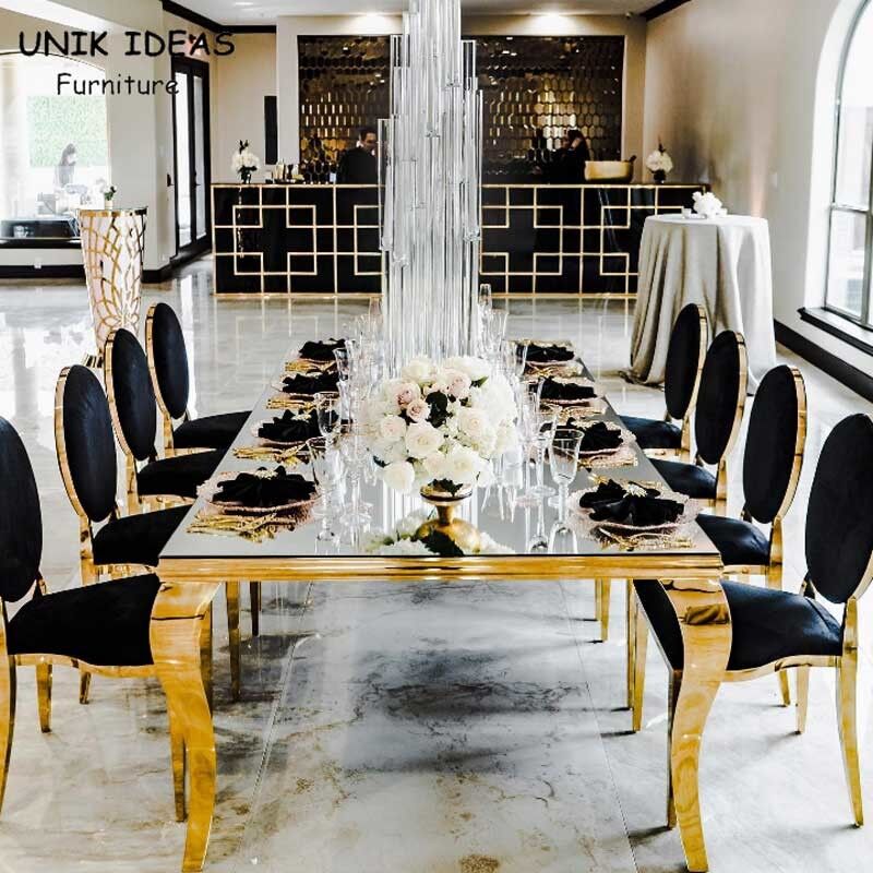 Luxury Hotel Wedding Table And Chairs Stainless Steel Leg With Morrored Top