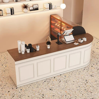 Buon prezzo L-type Front Desk Reception Counter Cake Bread Coffee Dessert Juice Shop Wooden Bar Counter in linea