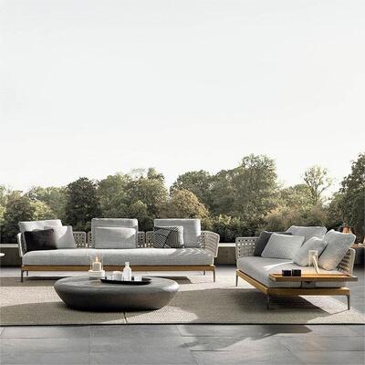 Prezzo buono Hotel moderno all'aperto Sofa a corda tessuta Salone Divano Patio Giardino Balcone di plastica Rattan 3 posti Divano Set di mobili sezionali in linea