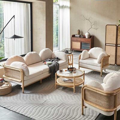 Buon prezzo Salone di legno Sofa Country Style Sponge Upholstery semplice Teddy Fabric del rattan in linea